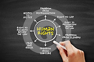 Human Rights are moral principles or norms for certain standards of human behaviour, mind map concept for presentations and