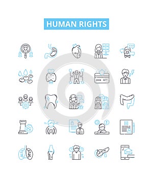 Human rights vector line icons set. Equality, Dignity, Respect, Liberty, Justice, Fairness, Equity illustration outline