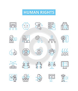 Human rights vector line icons set. Equality, Dignity, Respect, Liberty, Justice, Fairness, Equity illustration outline