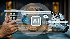 Human and robot collaboration in artificial intelligence, showcasing data analytics and advanced technology interface