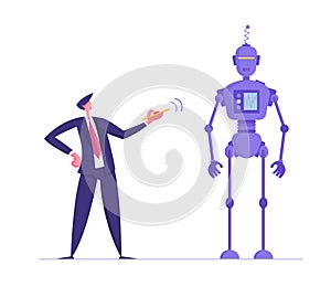 Human and Robot Concept. Businessman Push Red Button on Remote Control to Make Huge Robot Moving