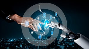 Human and Robot Connection Representing Future Technology and Digital Interaction with Cybernetic Elements in a Modern