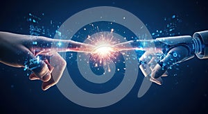 Human and robot fingers touching creating a spark of digital connection and innovation