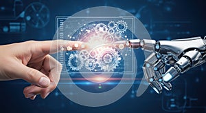 Human and robot hand touch interacting with futuristic digital interface glowing technology