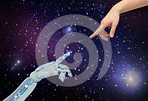 Human and robot hands over space background