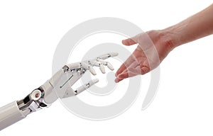Human and Robot Hands Reaching Artificial Intelligence Concept 3d Illustration