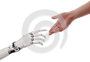 Human and Robot Hands Reaching Artificial Intelligence Partnership Concept 3d Illustration