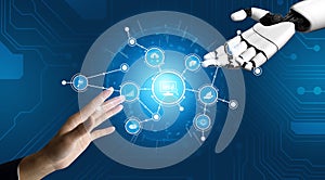 Human and Robot Hands Reaching Towards a Digital Interface Showcasing Connectivity and Technology Integration in an