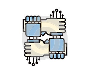 Human and robot hands togehter. Vector icon representing the benefits humans can have with artificial intelligence and robobitcs