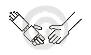 Human and robot hands together as one handshake. Vector icon