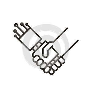 Human and robot hands together as one handshake. Vector icon representing the benefits humans can have with artificial