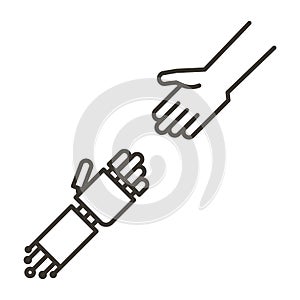 Human and robot hands together sticking out to eachoter. Vector icon representing the benefits humans can have with artificial