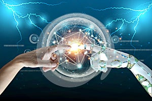 Human, Robot hands touch connect on binary code