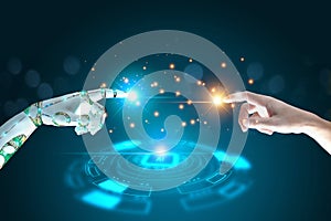 Human, Robot hands touch connect on binary code