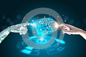 Human, Robot hands touch connect on Virtual brain