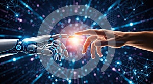 Human and robot hands touching symbolizing future technology and artificial intelligence connection