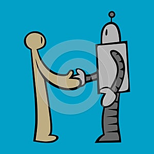 Human and robot handshake cartoon illustration