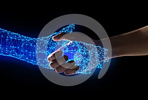 Human and robot handshake with empty space on blue background, artificial intelligence, AI, in futuristic digital technology and