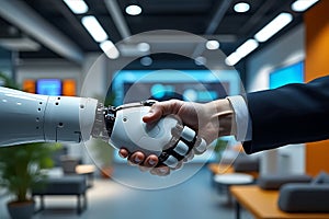 Human and Robot Handshake in Modern Office Collaboration Technology Future Innovation Artificial Intelligence Concept