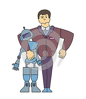 Human-Robot Interaction. Strong man making friends with a robot. Cartoon characters. Simple line vector illustration