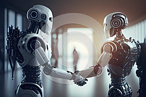 Human and robot meeting and handshake concept of future interaction with artificial intelligence. 3D rendering