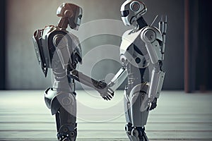 Human and robot meeting and handshake concept of future interaction with artificial intelligence. 3D rendering