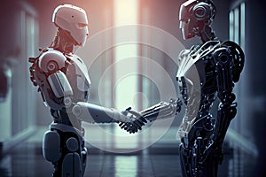 Human and robot meeting and handshake concept of future interaction with artificial intelligence. 3D rendering