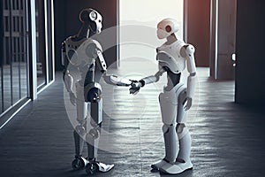 Human and robot meeting and handshake concept of future interaction with artificial intelligence. 3D rendering