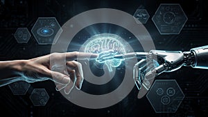 Human and Robot Touching a Glowing Digital Brain Representing Artificial Intelligence, Future Technology, and Human Machine