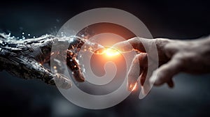 Human and Robotic Hand Connection, Artificial Intelligence AI Collaboration, Technology and Humanity