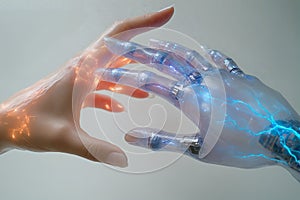 Human and robotic hands connect with glowing light in futuristic technology interaction
