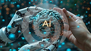 Human and robotic hands holding glowing brain sphere. AI Generated.