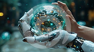 Human and robotic hands holding glowing brain sphere. AI Generated.