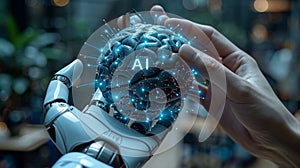 Human and robotic hands holding glowing brain sphere. AI Generated.