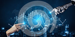 Human and robotic hands interacting over a digital data visualization, symbolizing technology, partnership, and the