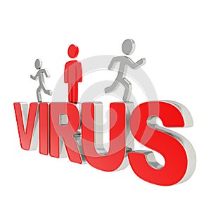 Human running symbolic figures over the word Virus