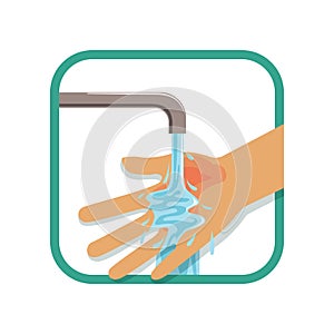 Human`s burned hand under cool running water. Treatment for first degree burns. Injury concept. Flat vector design for