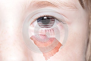 Human`s face with national flag of united states of america and south carolina state map