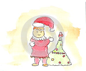Human in Santa Claus hat near Christmas tree, character. Watercolor illustration on a winter theme, congratulations