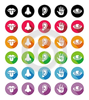 Human sense icon set, five senses icon collection, colorful circle shapes, flat design icons, long shadow icons