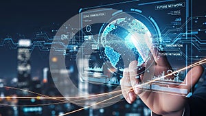 Human Hand Interacting with Glowing Digital Earth Network and Futuristic Data Interface
