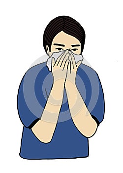 Human sick, ill or disease. Cartoon character demonstrate symptoms of sneeze or snot. Flat vector illustration portrait. Element