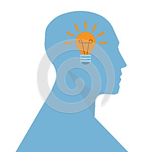 Human silhouette with light bulb inside of head on white background, vector illustration