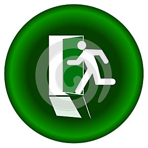 Human silhouette round sign exit out green door on white background.