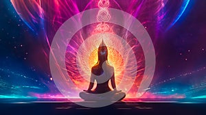 human silhouette sitting in lotus pose. Meditation, yoga, kundalini, tantra, ayurveda, aura, chakras