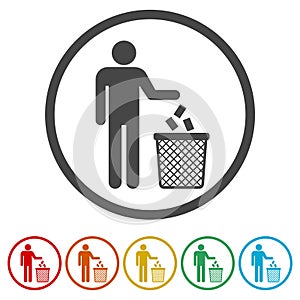 Human silhouette throwing garbage into a trash can, 6 Colors Included