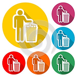 Human silhouette throwing garbage into a trash can icon, color icon with long shadow