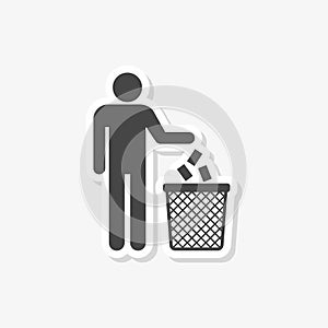 Human silhouette throwing garbage into a trash can sticker, simple vector icon