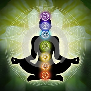 Human silhouette in yoga lotus pose with 7 Chakras and Flower of Life. Human energy body, aura, yoga lotus pose.