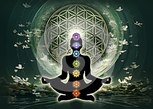 Human silhouette in yoga lotus pose with 7 Chakras Symbols and Flower of Life.